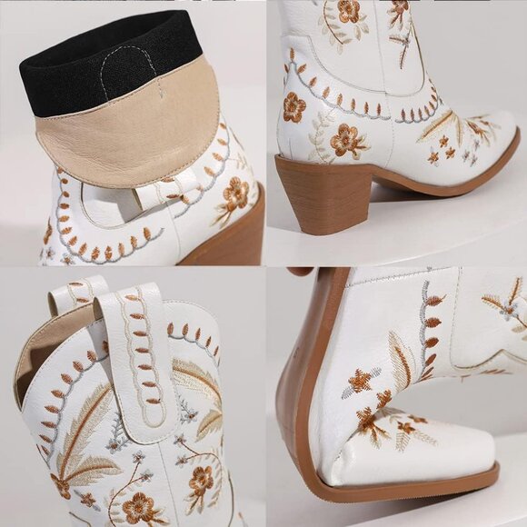 LIPUIXI Western Boots Women's White Synthetic Pull On Floral Low Chunky Heel - Picture 3 of 8